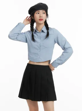 Solid Collar Button-Up Crop Top OM408