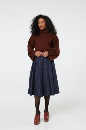 Sophie Navy and Brown Woollen Check Tartan Midi Swing Skirt