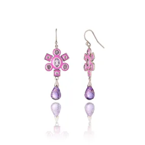 Sterling Silver Statement Earrings With Sweet Purple Enamel, Mixed Rose Sapphires & Amethyst