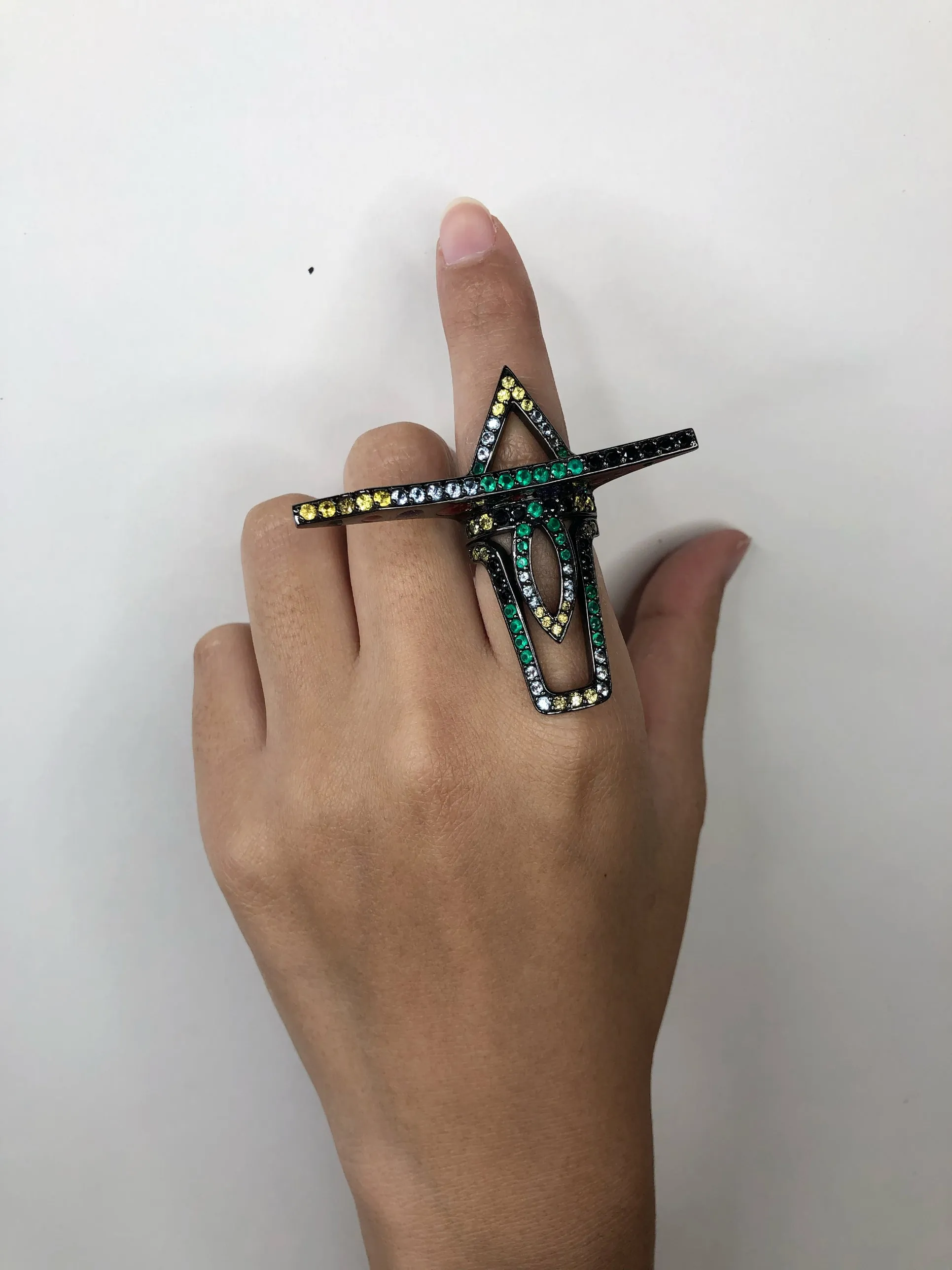 Sterling Silver Statement Ring with Oil Red, Dark Purple and Forest Green Glitter Enamels, Yellow Sapphires, Green Agate, Black Spinel & Blue Topaz