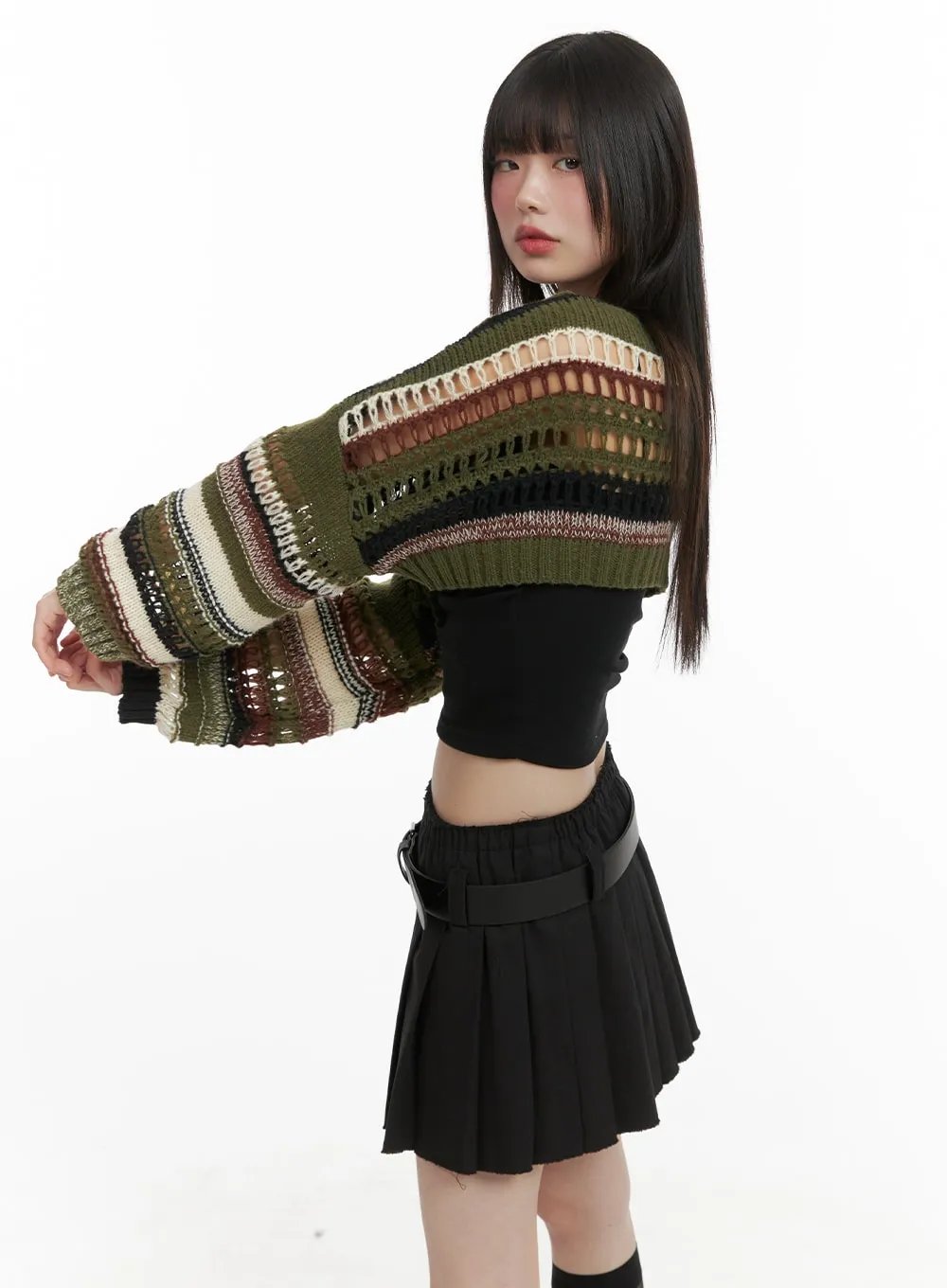 Striped Crochet Crop Sweater CA411