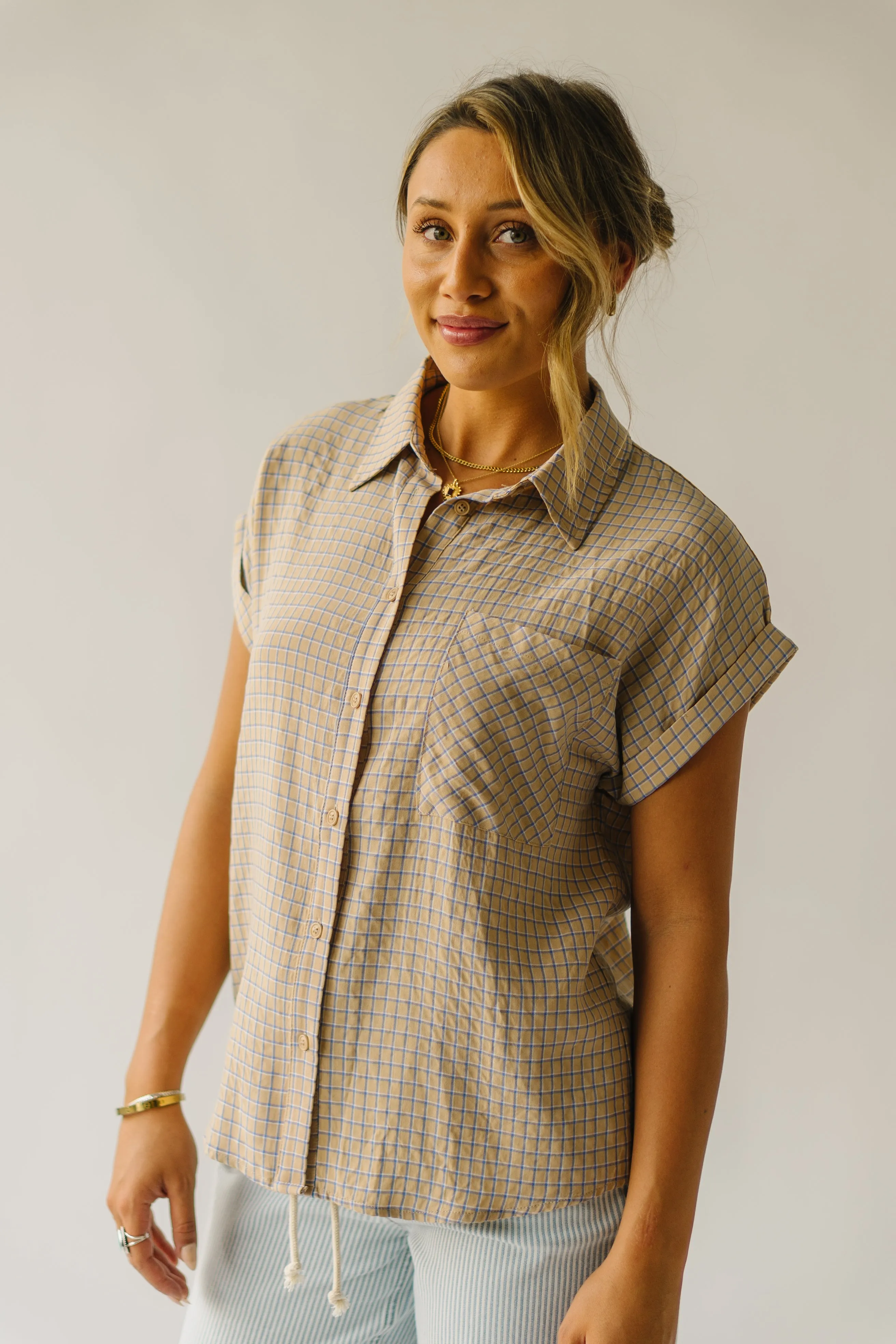 The Fitzroy Gingham Button-Up Blouse in Khaki