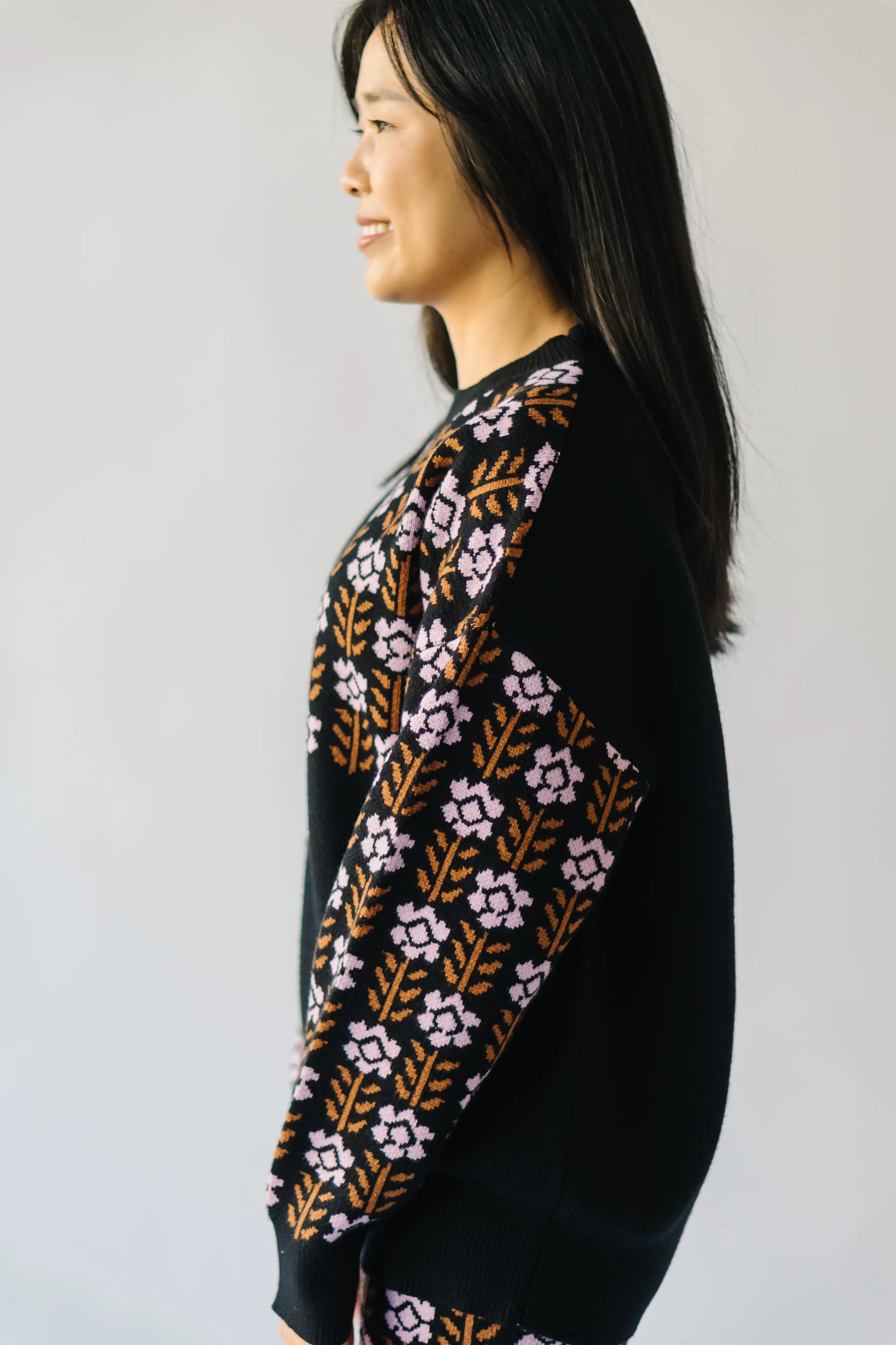 The Putney Floral Contrast Pullover in Black