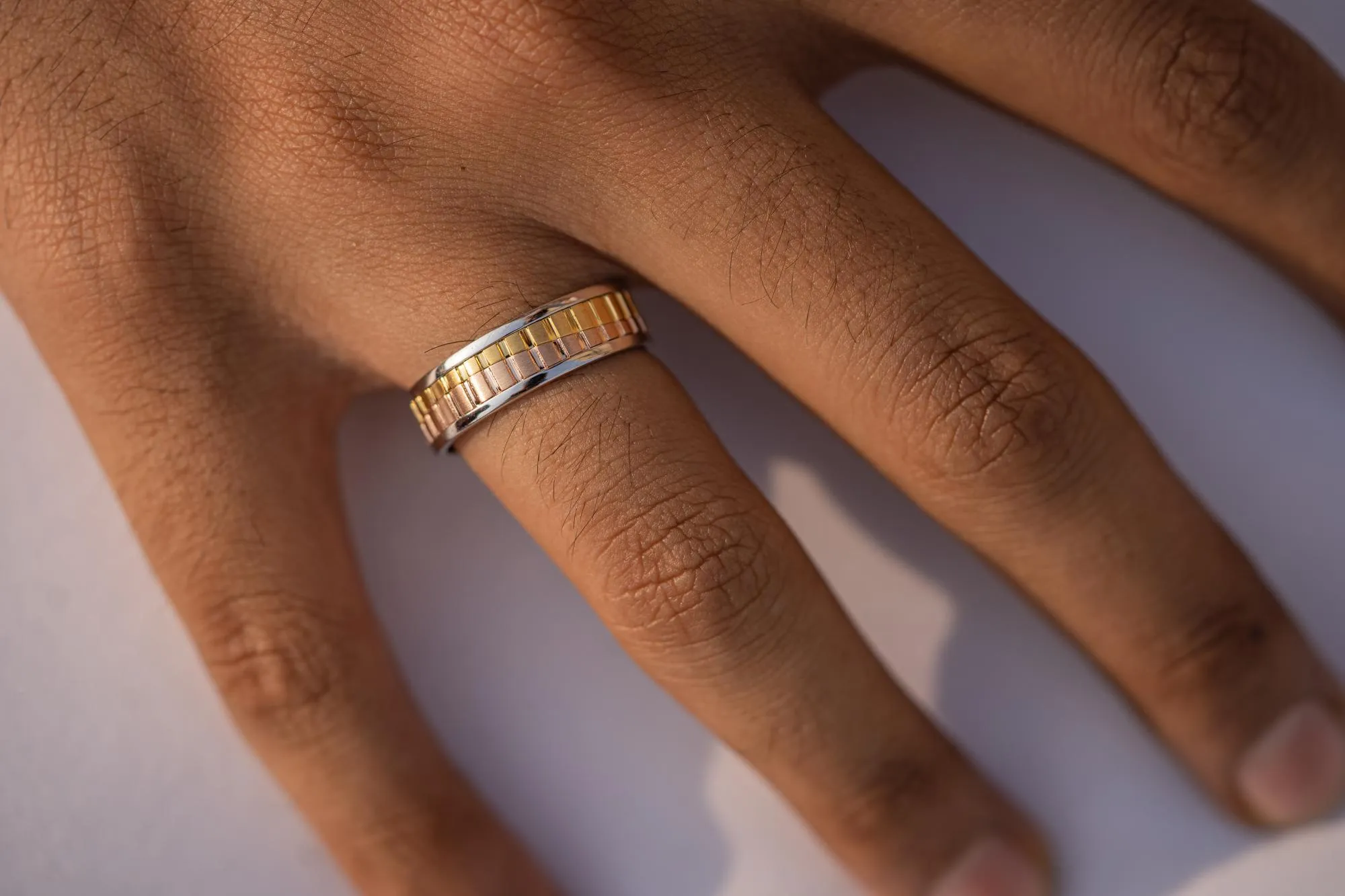 Three-Tone Solid 14K Gold Band, Unique Wedding Band