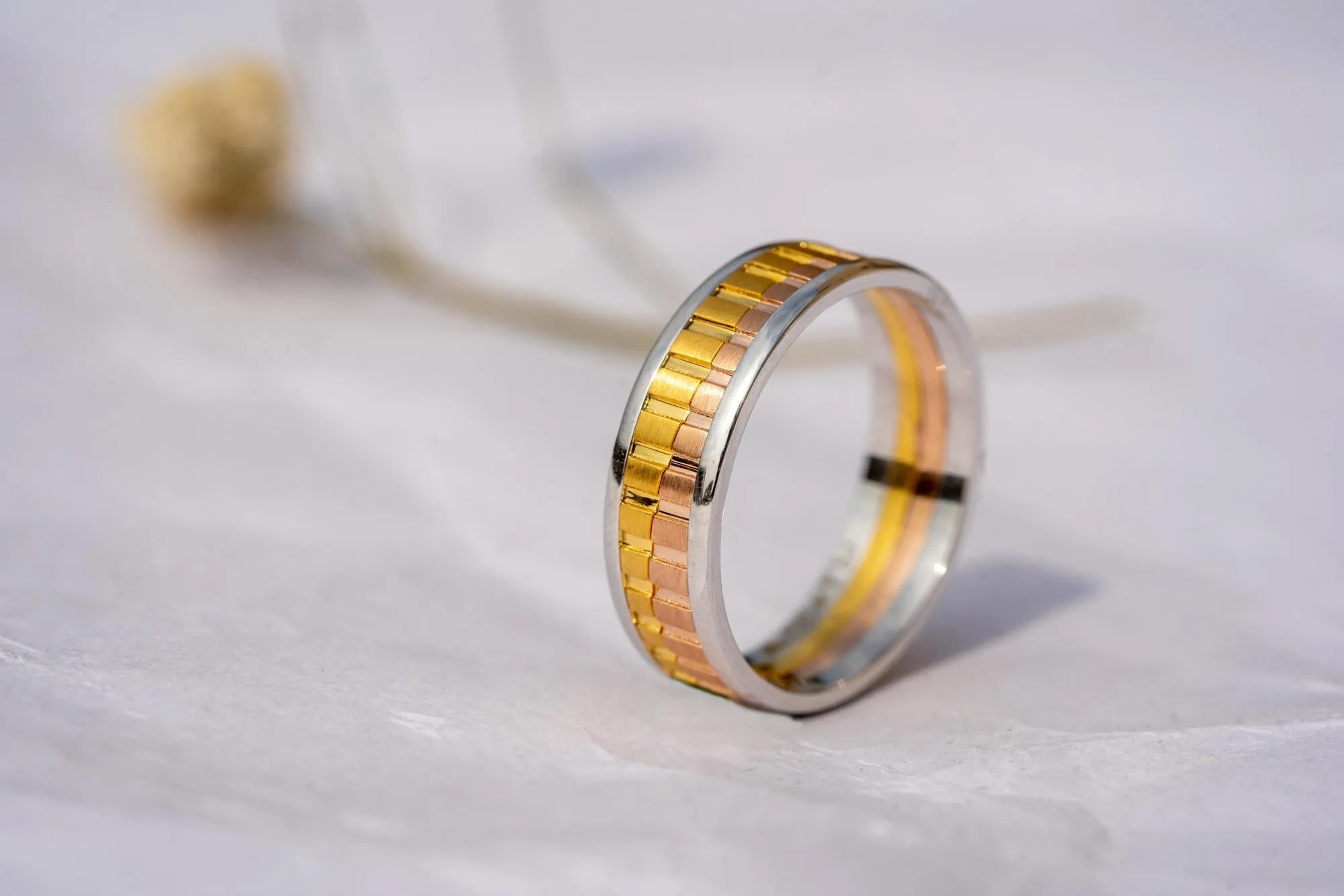 Three-Tone Solid 14K Gold Band, Unique Wedding Band