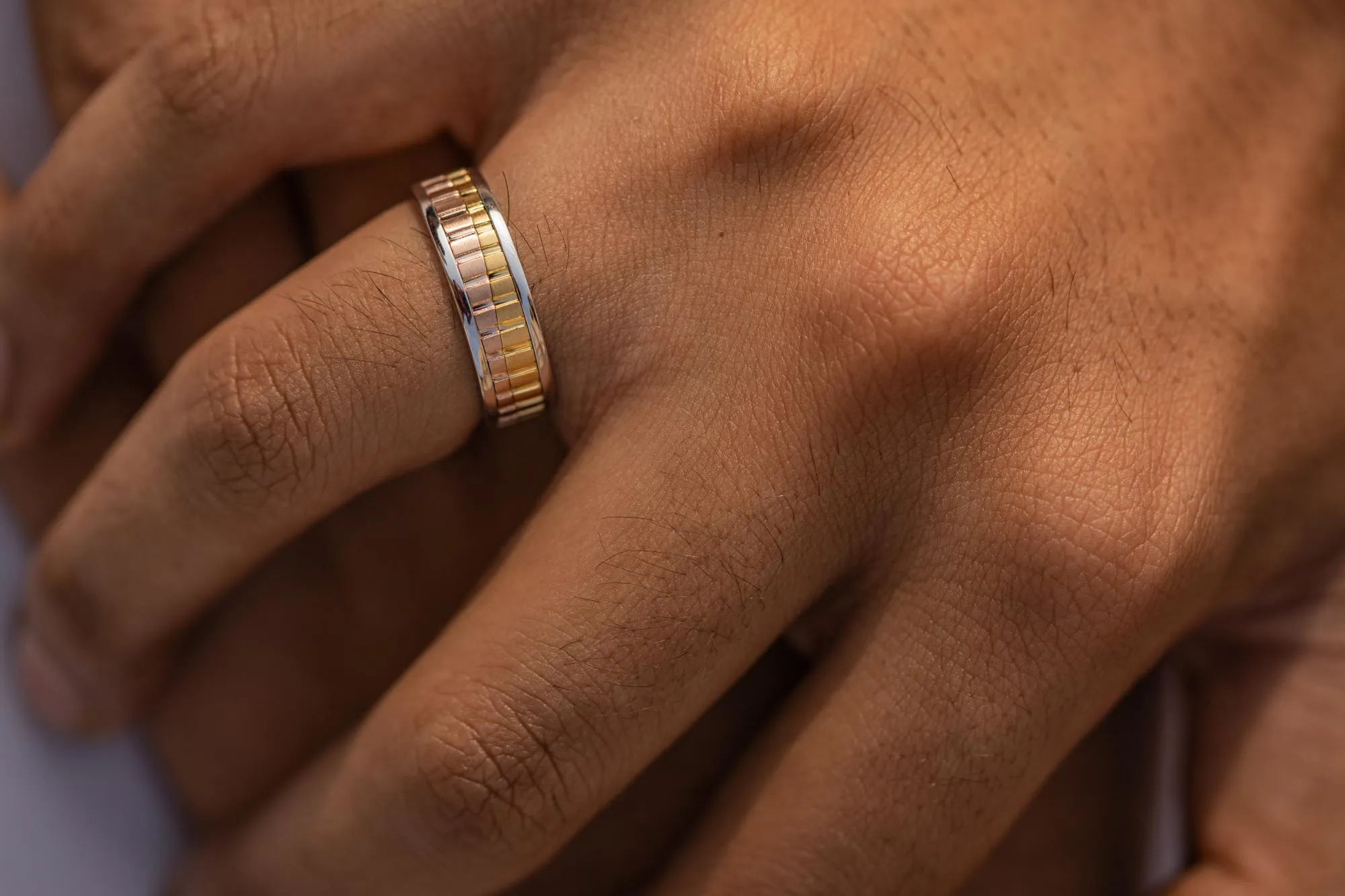 Three-Tone Solid 14K Gold Band, Unique Wedding Band