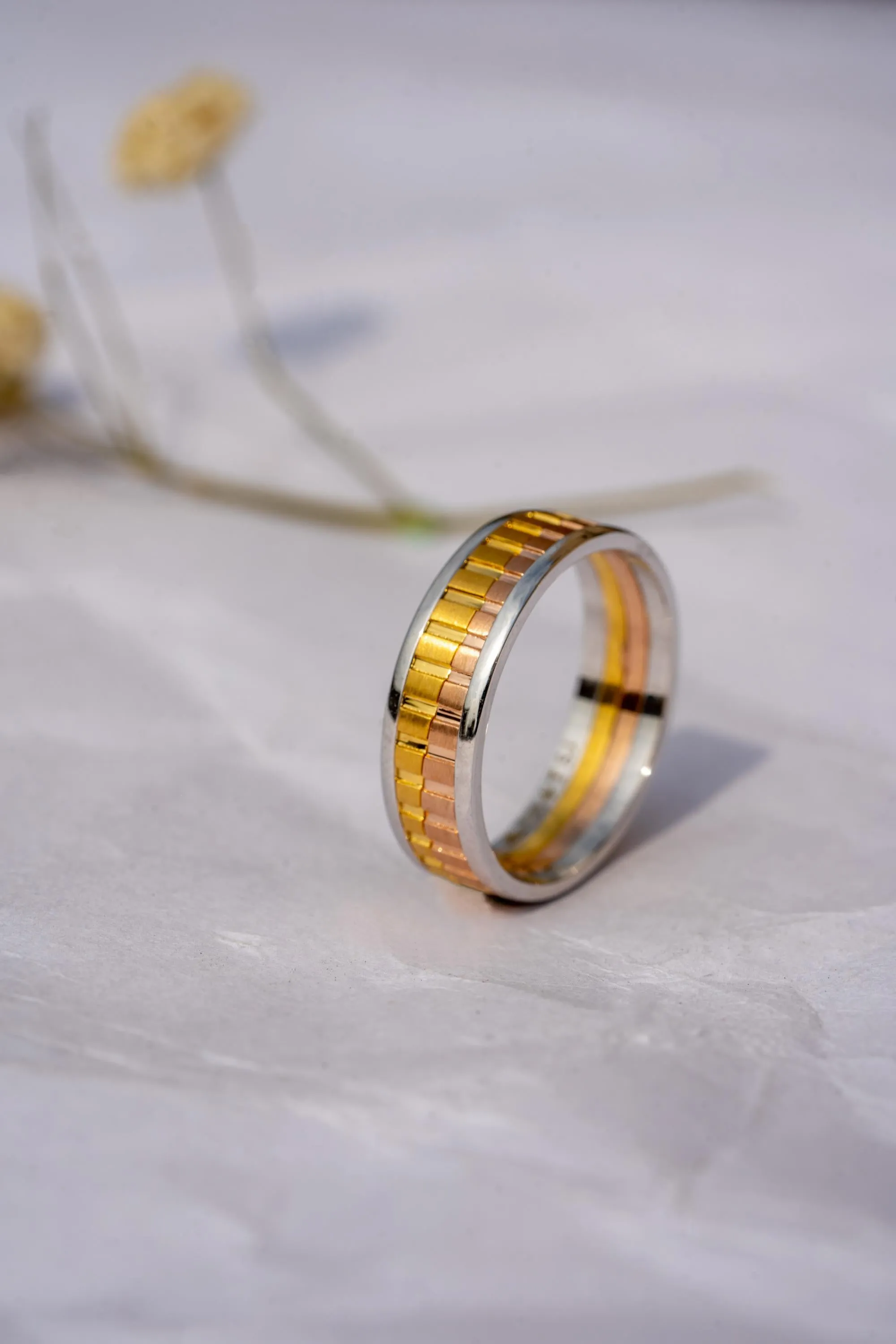 Three-Tone Solid 14K Gold Band, Unique Wedding Band