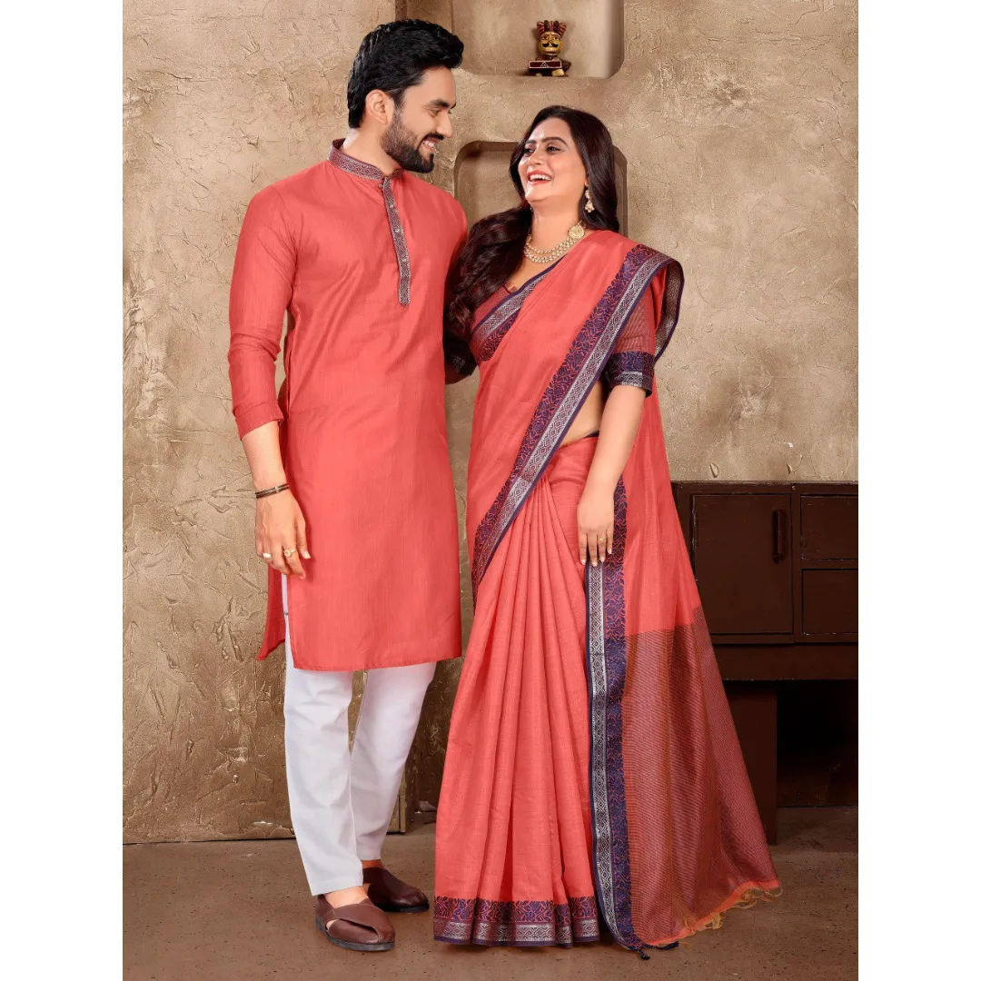 Traditional Couples Wear Men's Kurta Pant and Women's Saree