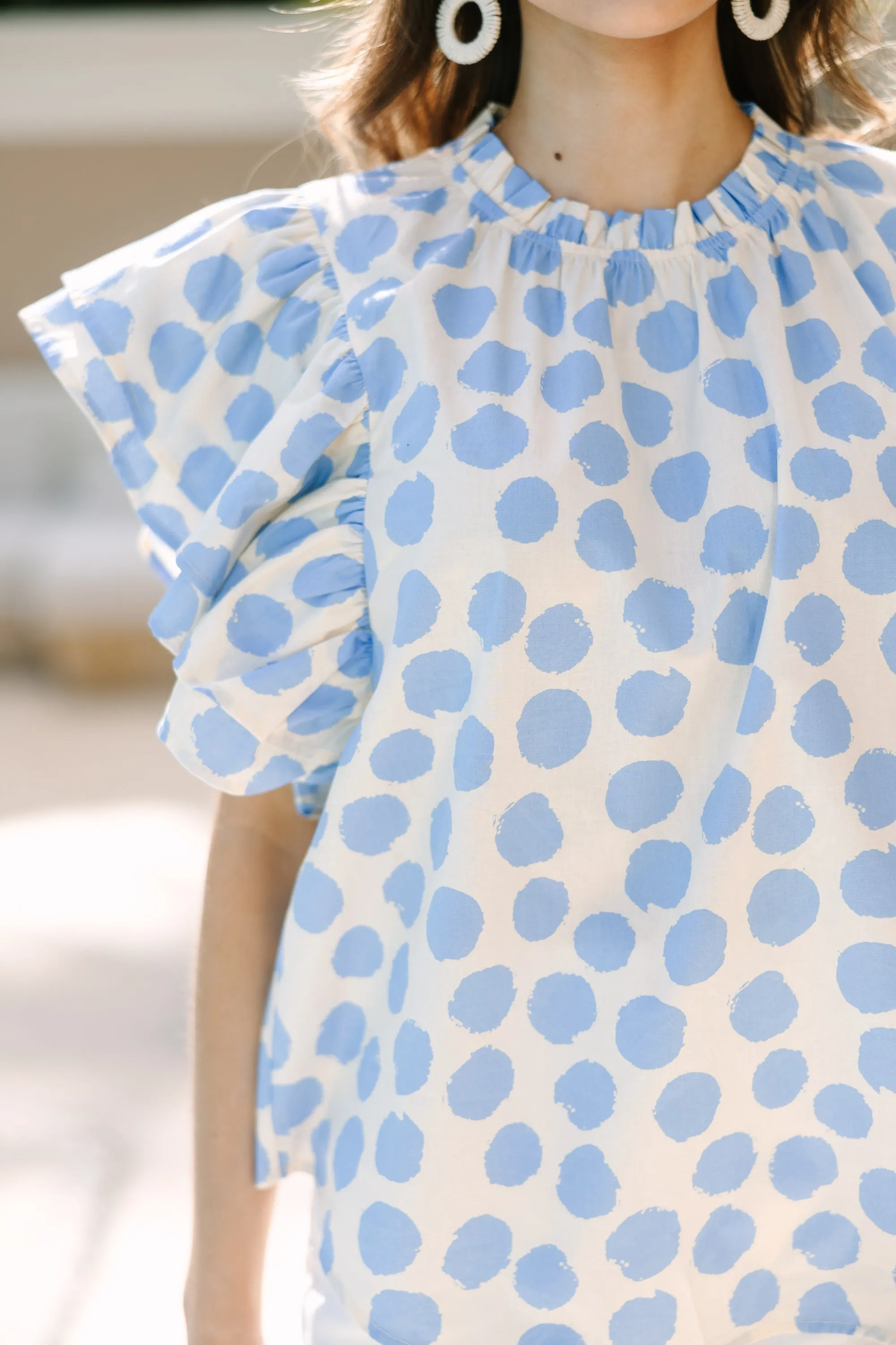 True Self Blue Polka Dot Ruffled Blouse