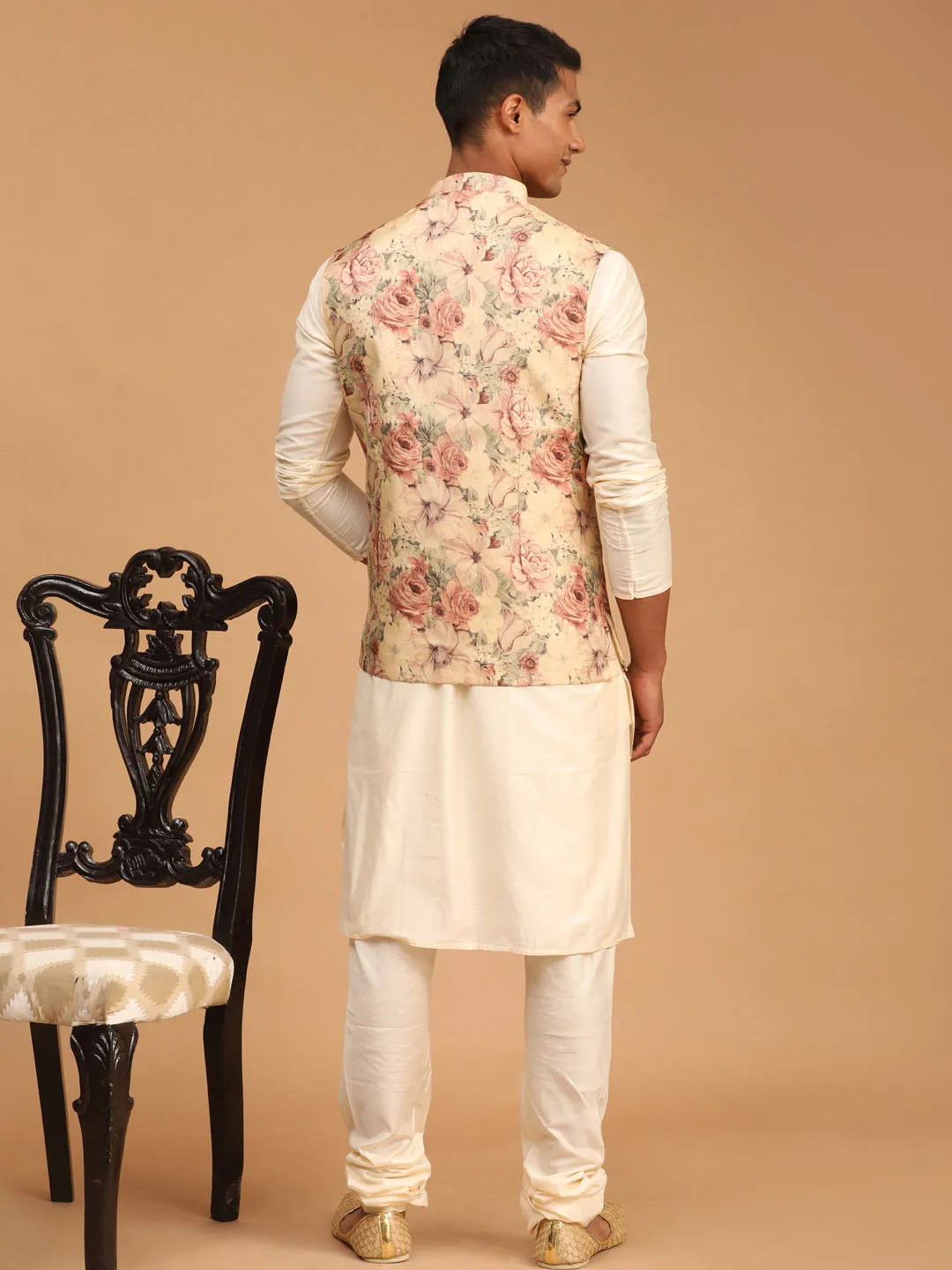 VASTRAMAY Beige Printed Nehru Jacket And Cream Solid Kurta With Pyjama Set