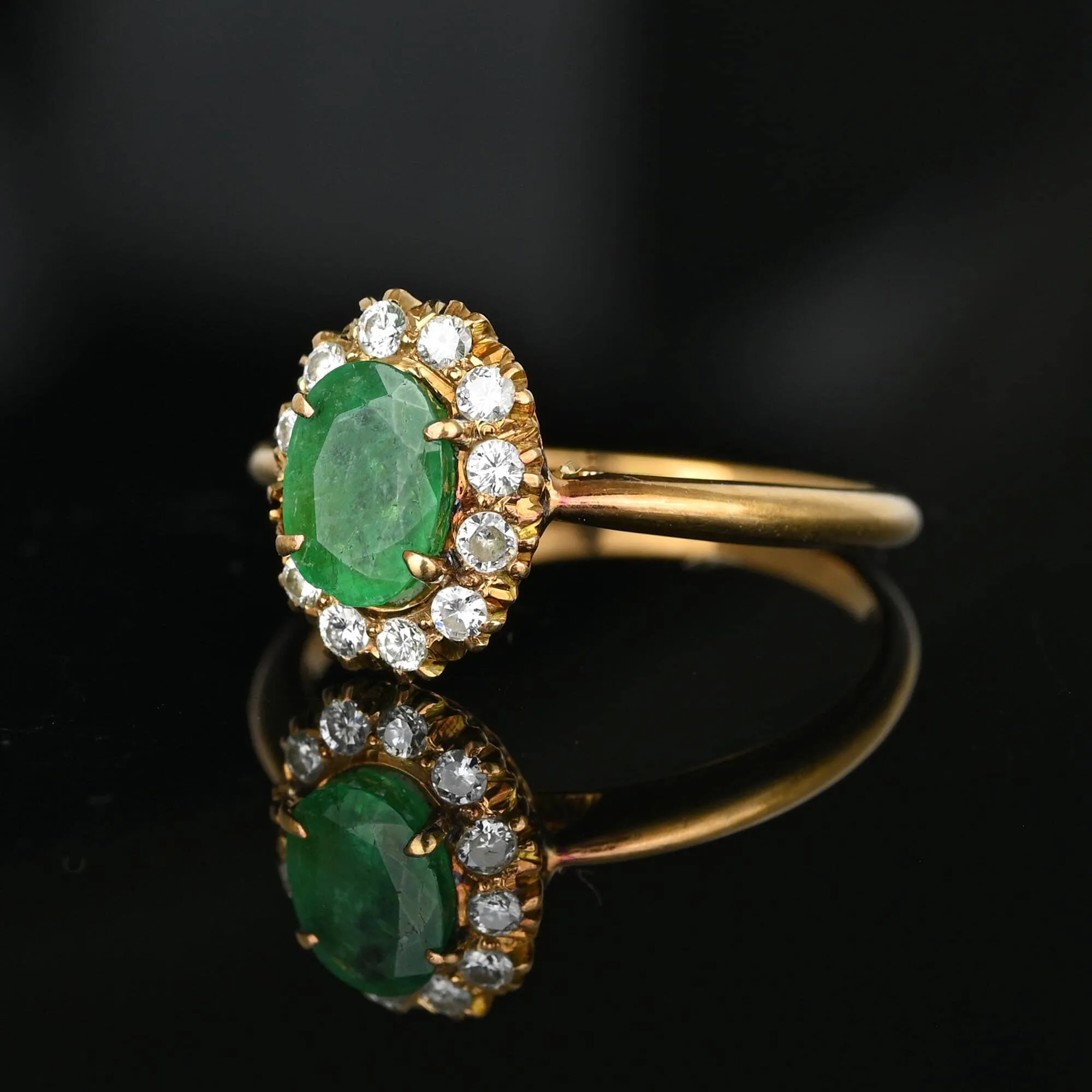 Vintage 14K Gold Diamond Cluster Halo Emerald Ring