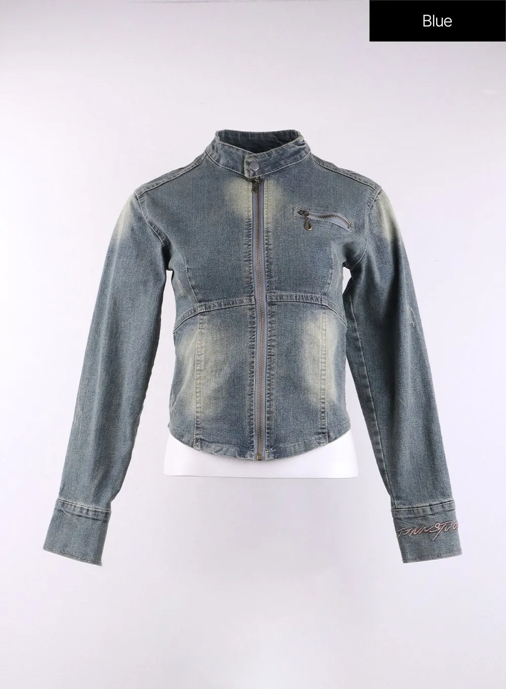 Washed Zip-Up Denim Biker Jacket CJ431