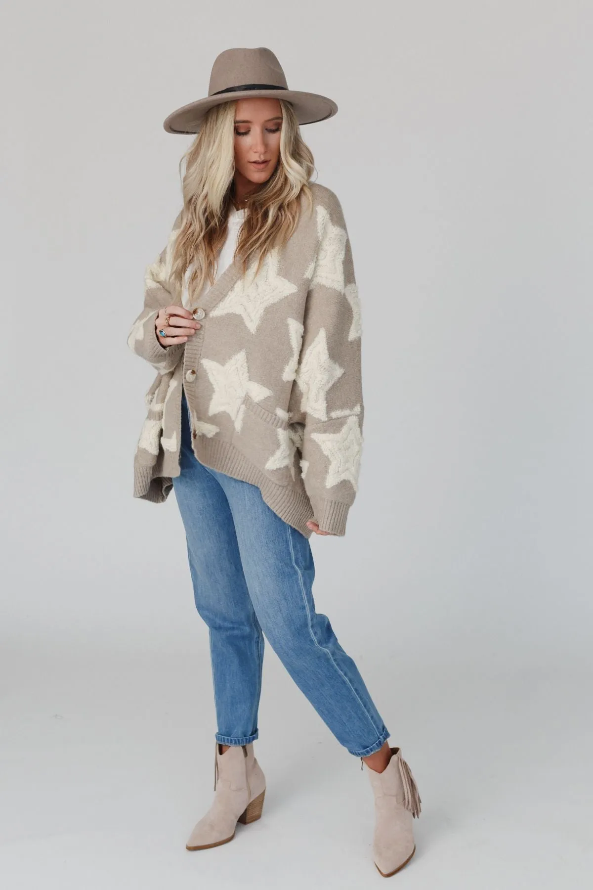 Wrapped In Stars Oversized Cardigan - Taupe