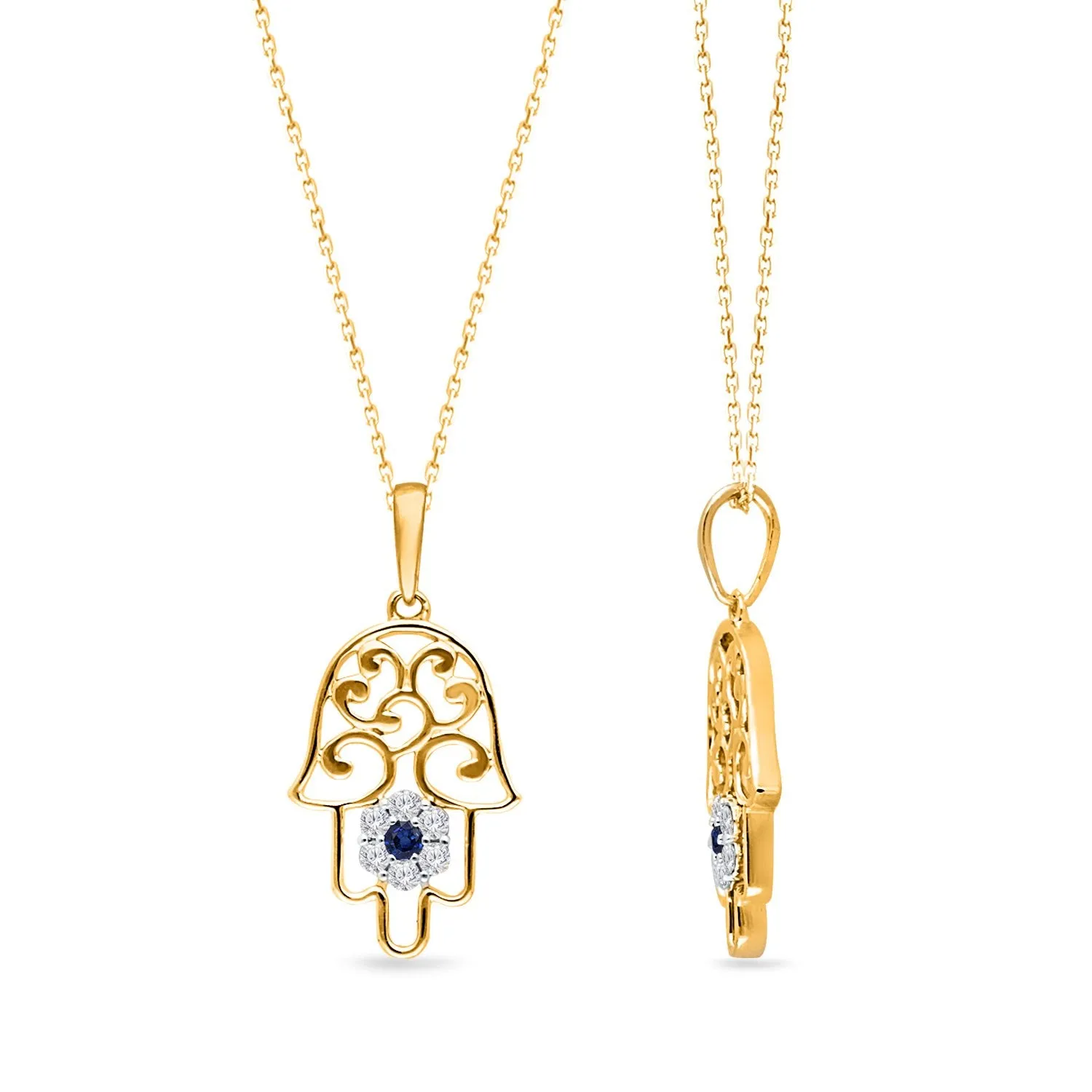 Yellow Gold Sapphire & Diamond Hamsa Pendant